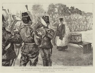 Las maniobras militares, desfile en la iglesia en el campamento de Churn